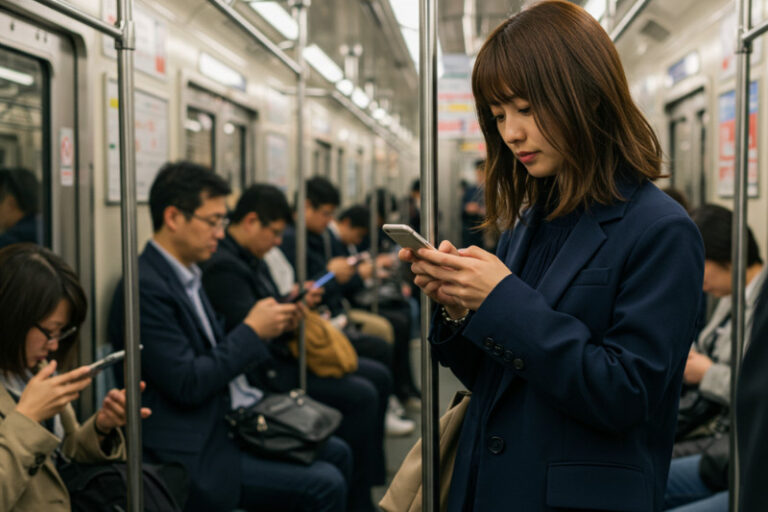 電車内でスマホをいじる女性