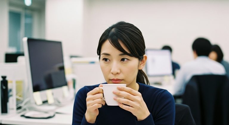 考え込んでいるような表情でコーヒーカップを見つめている女性