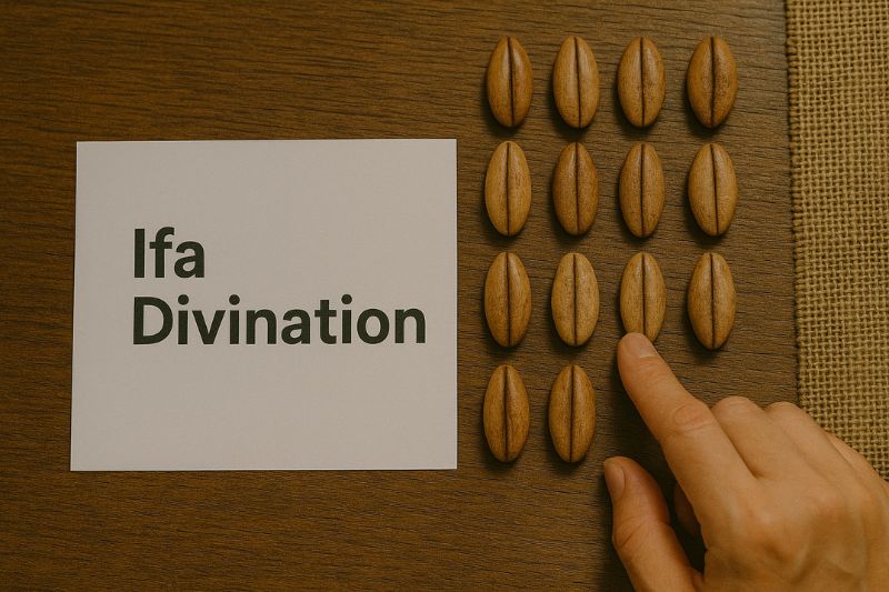 イファ占いに使われる木の実を並べた手元